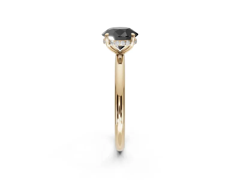 Round Hidden Halo Engagement Ring Setting for a Black Center | Thin Plain Band | Yellow Gold