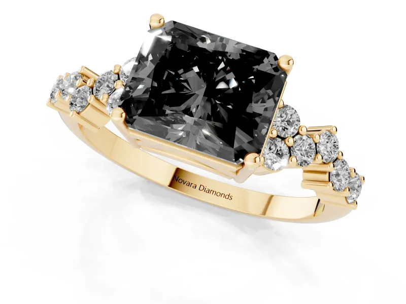 Radiant Cut Scattered Accent Engagement Ring Setting for a Black Center | Slim Band | Yellow Gold