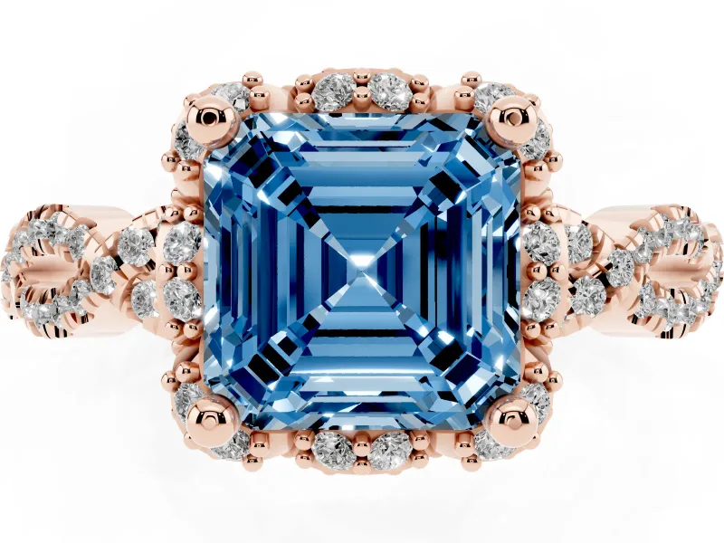 Fancy Blue Asscher Cut Diamond Halo Twist Band Solitaire Ring Set in Rose gold with Prong-Set Center Stone