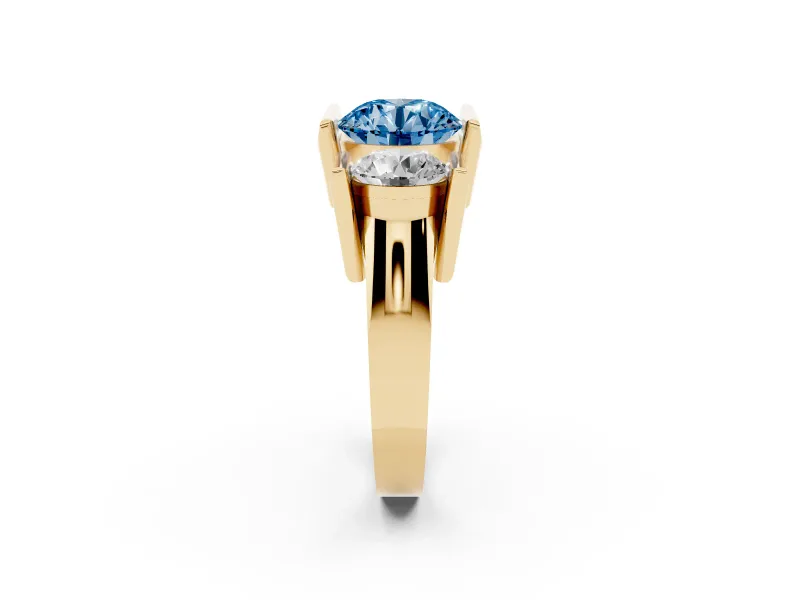 Fancy Blue Round Cut Diamond Three-Stone Channel Set Ring Set in Yellow gold with Smooth Polished Band