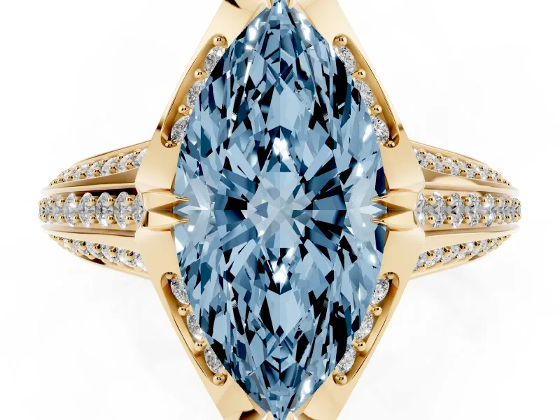 Fancy Blue Marquise Cut Diamond Pavé Split Shank Solitaire Ring Set in Yellow gold with Prong Setting