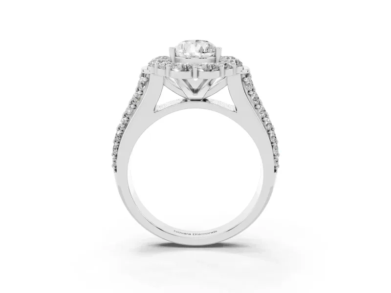 Pear Cut Diamond Halo Engagement Ring Set in White gold with Split Shank and Prong Setting