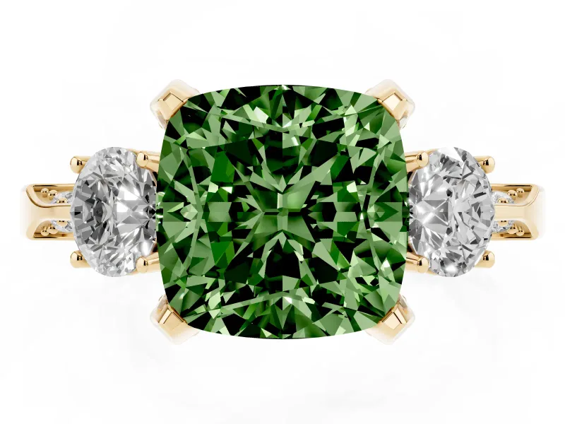 Cushion Cut Hidden Halo Three Stone Engagement Ring Setting for a Fancy Green Lab-Grown Diamond | Yellow Gold