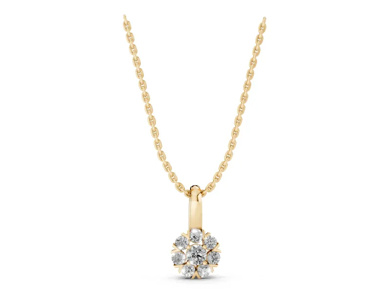 Round Lab-Grown Diamond Floral Cluster Pendant Necklace | Petal Halo | Yellow Gold