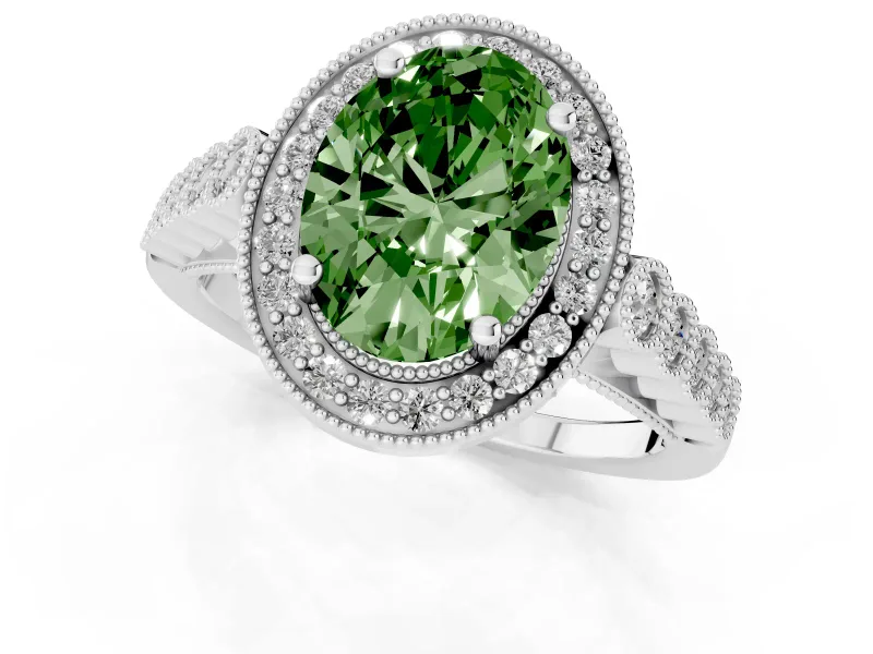 Fancy Green Oval Cut Diamond Milgrain Halo Solitaire Ring Set in Silver with Bezel Set Side Stones and Pavé Band