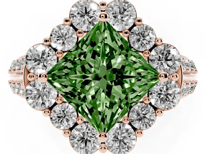 Fancy Green Princess Cut Diamond Halo Engagement Ring Set in Rose gold with Split Shank and Prong Setting