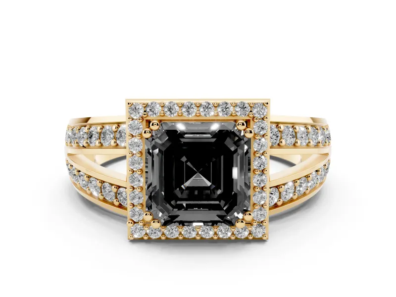 Fancy Black Asscher Cut Diamond Halo Ring Set in Yellow gold with Double Pavé Split Shank