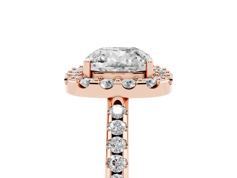 Cushion Cut Pave Halo Engagement Ring Setting | Pave Band | Rose Gold