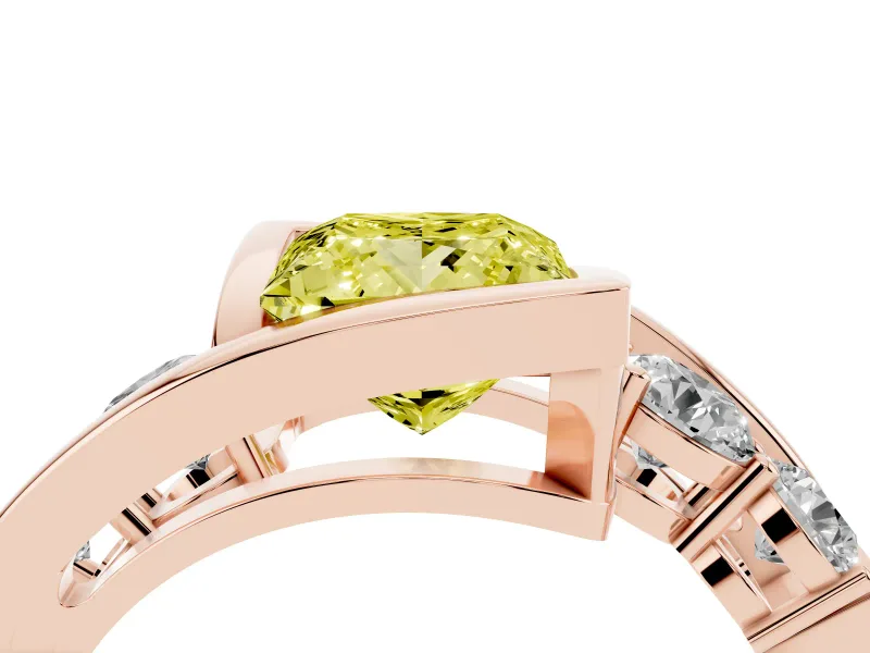 Fancy Yellow Princess Cut Diamond Bezel Bypass Ring Set in Rose gold with Round Accents