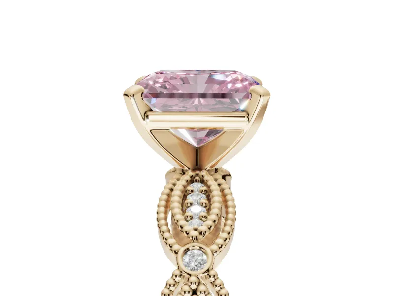 Radiant Cut Vintage Engagement Ring Setting for a Fancy Pink Lab-Grown Diamond | Graduated Stations | Yellow Gold