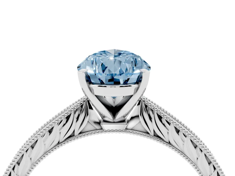 Fancy Blue Pear Cut Diamond Solitaire Milgrain Engraved Band Set in White gold with Prong Setting