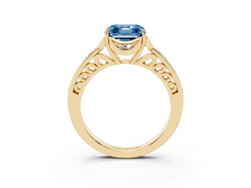 Asscher Cut Floral Pavé Engagement Ring Setting for a Fancy Blue Lab-Grown Diamond | Yellow Gold
