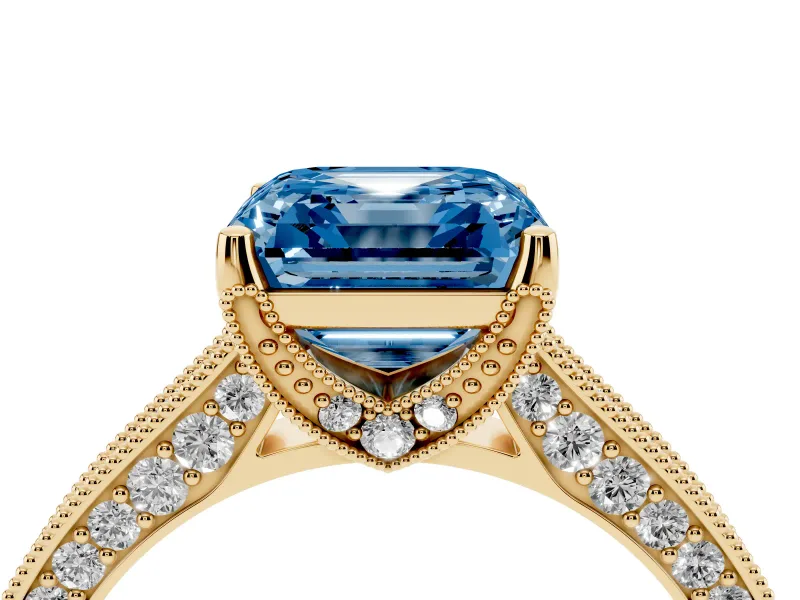Asscher Cut Hidden Halo Engagement Ring Setting for a Fancy Blue Lab-Grown Diamond | Milgrain Pave | Yellow Gold