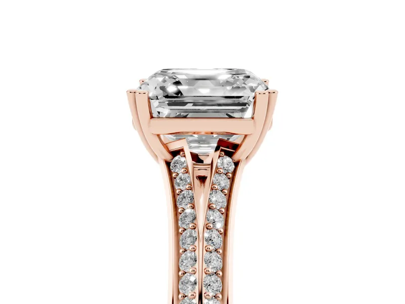 Asscher Cut Pave Split Shank Engagement Ring Setting | Double Claw Prongs | Rose Gold