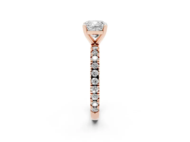 Cushion Cut Shared Prong Solitaire Engagement Ring Setting | Pavé Band | Rose Gold