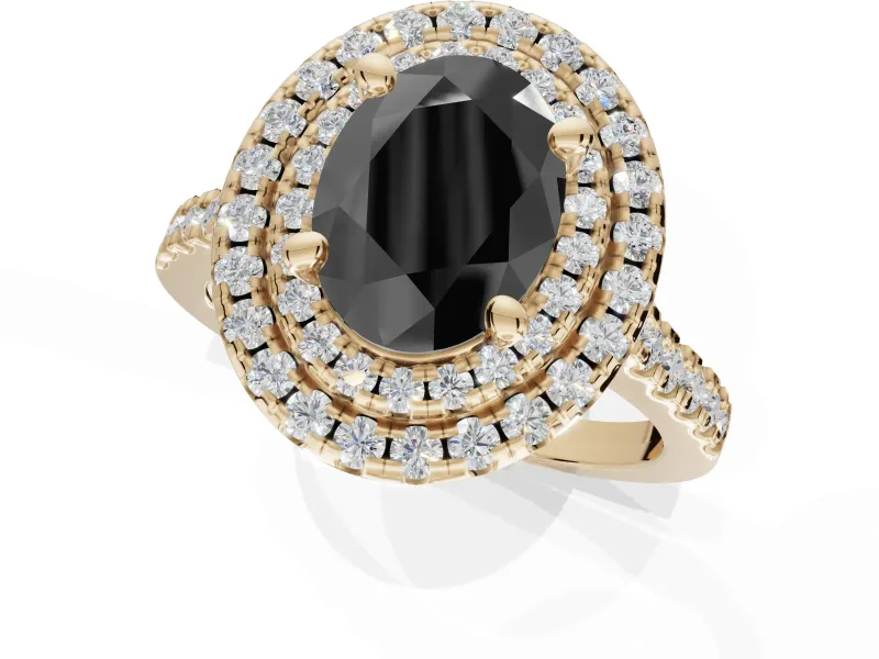 Fancy Black Oval Lab-Grown Diamond Double Halo Statement Ring Set in Yellow Gold with Pavé Band