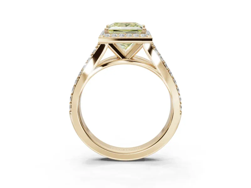 Princess Cut Halo Pavé Engagement Ring Setting for a Fancy Yellow Lab-Grown Diamond | Narrow Split Shank | Yellow Gold