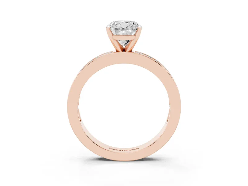 Cushion Cut Diamond Solitaire Ring Set in Rose gold with Channel-Set Baguette Band and Prong Setting
