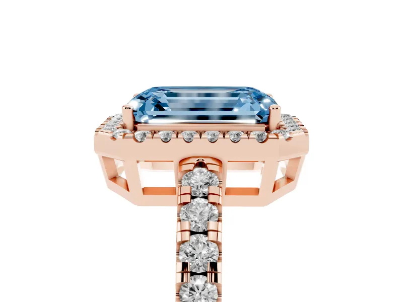 Fancy Blue Emerald Cut Diamond Halo Ring Set in Rose gold with Delicate Pavé Band and Prong Setting