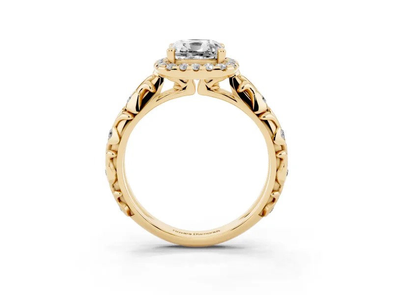 Cushion Cut Filigree Leaf Halo Engagement Ring Setting | Bezel Leaf Accents | Yellow Gold