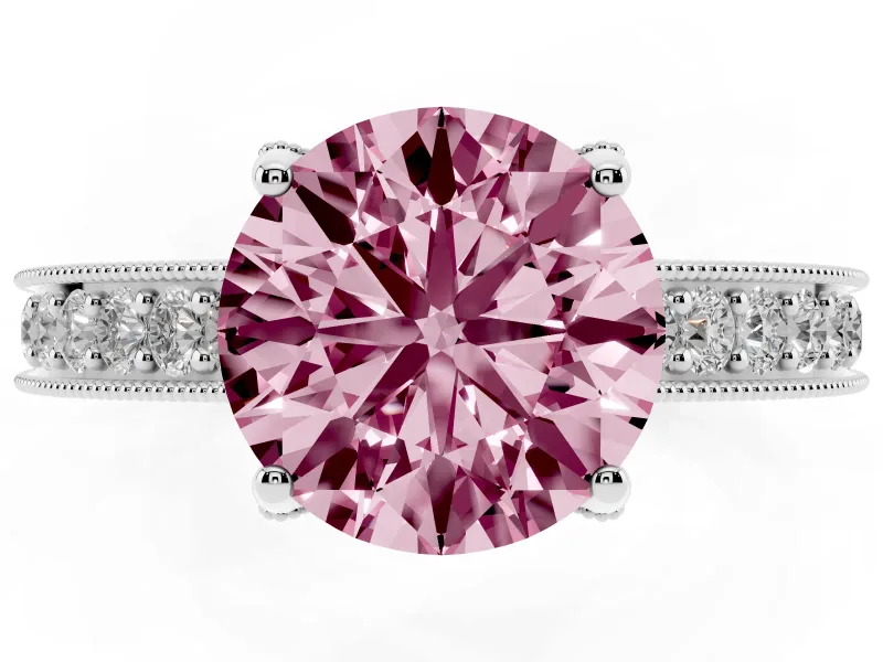 Round Hidden Halo Engagement Ring Setting for a Fancy Pink Lab-Grown Diamond | Milgrain Pave | Sterling Silver