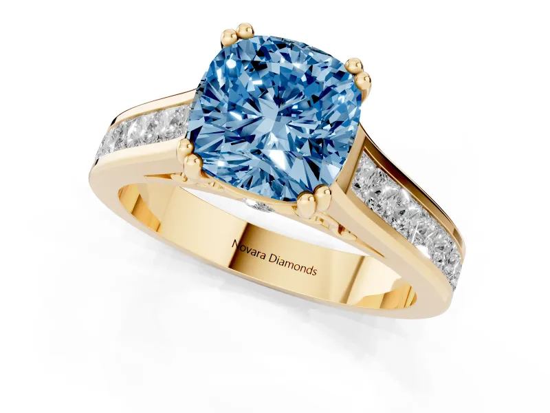 Cushion Cut Channel Engagement Ring Setting for a Fancy Blue Lab-Grown Diamond | Yellow Gold - Design NV-24671