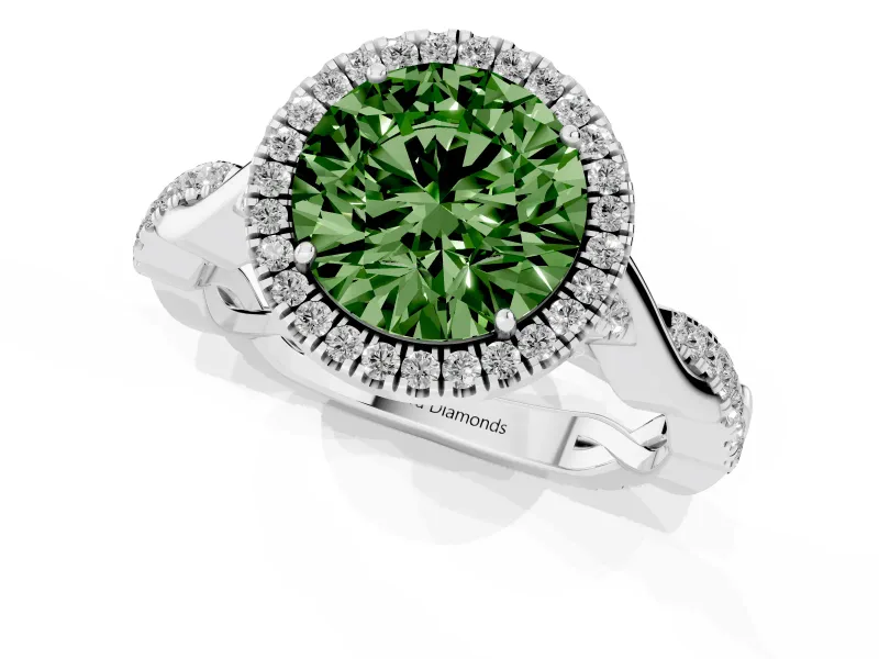 Round Halo Engagement Ring Setting for a Fancy Green Lab-Grown Diamond | Pavé Twist Band | Platinum