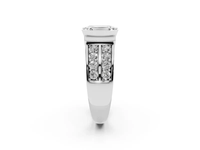 Emerald Cut Half Bezel Engagement Ring Setting | Double Row Channel Band | Sterling Silver
