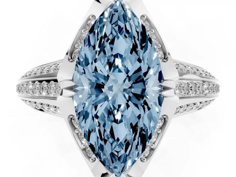 Fancy Blue Marquise Cut Diamond Pavé Split Shank Solitaire Ring Set in Silver with Prong Setting