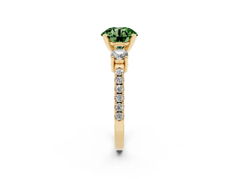 Round Three Stone Pavé Engagement Ring Setting for a Fancy Green Lab-Grown Diamond | Round Side Stones | Yellow Gold