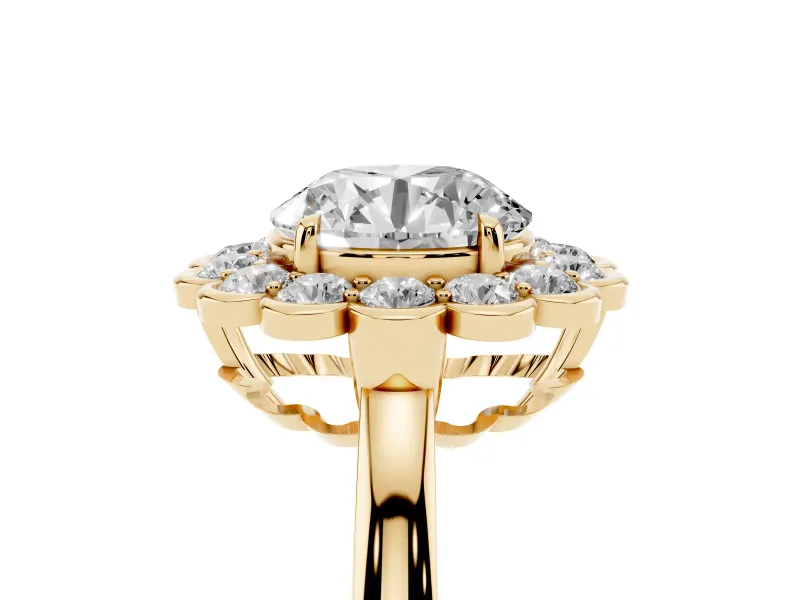 Round Scalloped Cluster Halo Engagement Ring Setting | Plain Band | Yellow Gold