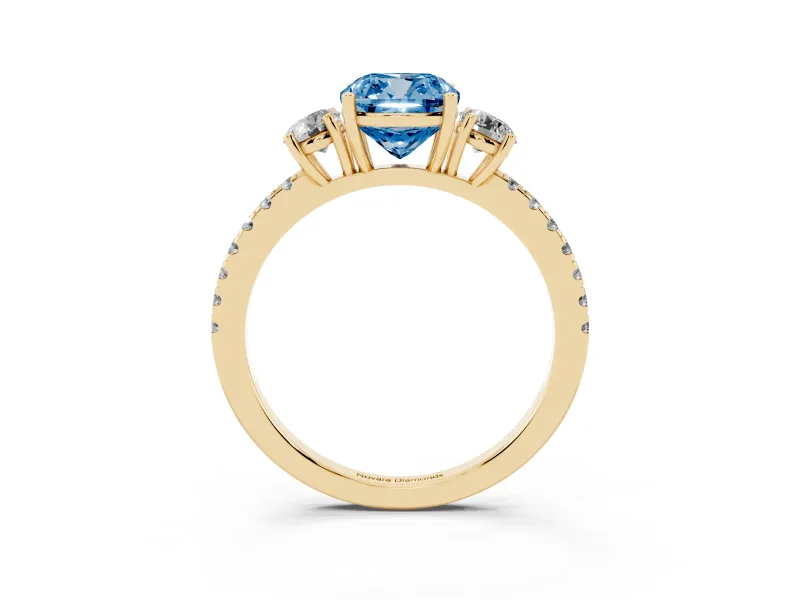 Cushion Cut Three Stone Engagement Ring Setting for a Fancy Blue Lab-Grown Diamond | Pave Shoulders | Yellow Gold