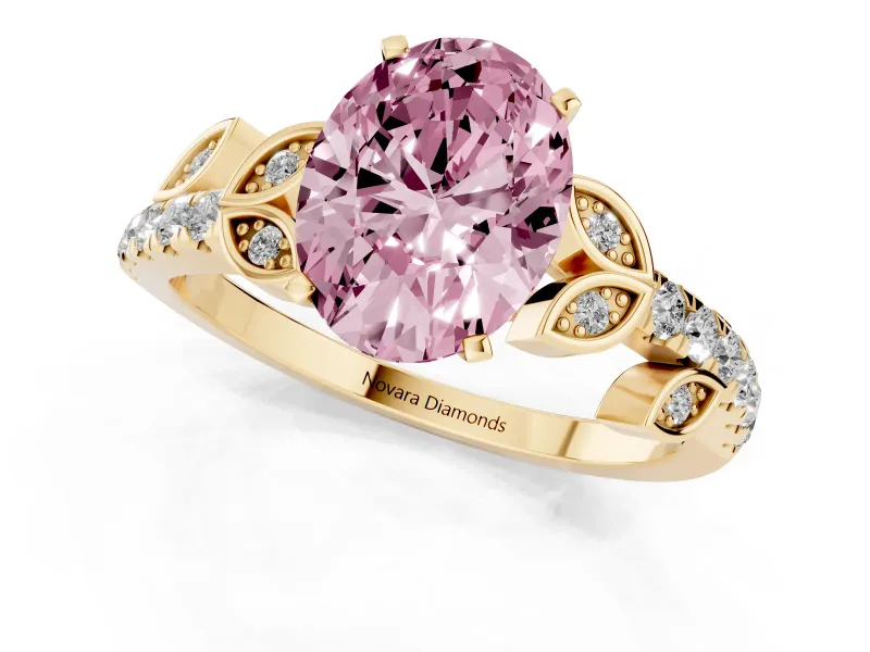 Oval Leaf Pavé Engagement Ring Setting for a Fancy Pink Lab-Grown Diamond | Yellow Gold