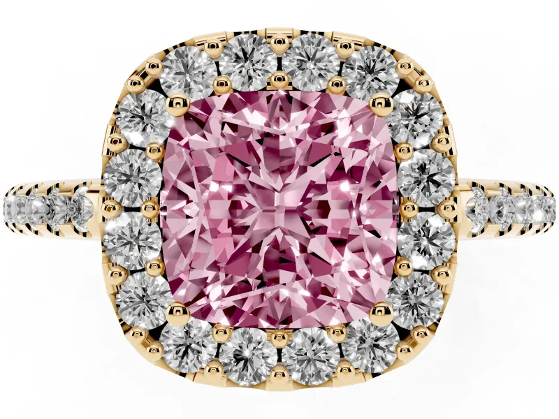 Cushion Cut Pave Halo Engagement Ring Setting for a Fancy Pink Lab-Grown Diamond | Pave Band | Yellow Gold