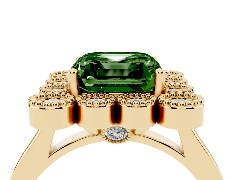Asscher Cut Milgrain Cluster Halo Engagement Ring Setting for a Fancy Green Lab-Grown Diamond | Plain Band | Yellow Gold