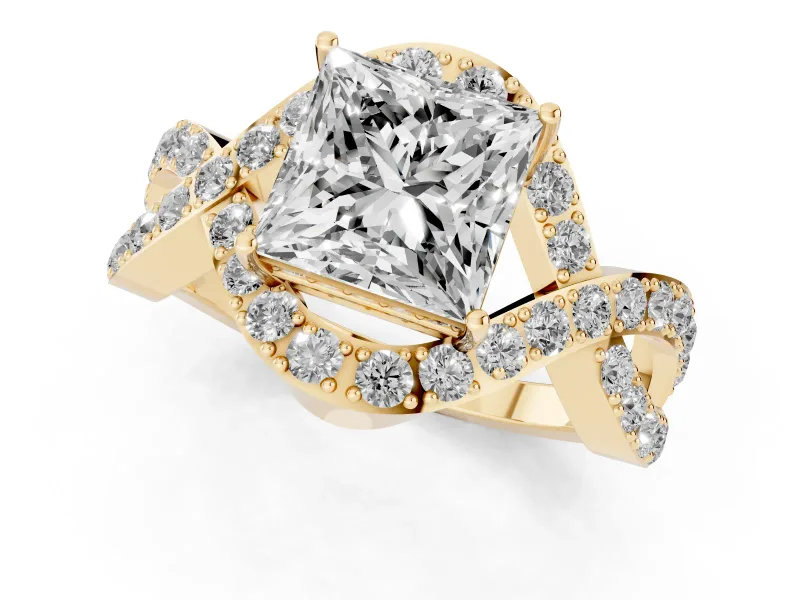 Princess Cut Diamond Solitaire Twist Band Pavé Engagement Ring Set in Yellow gold