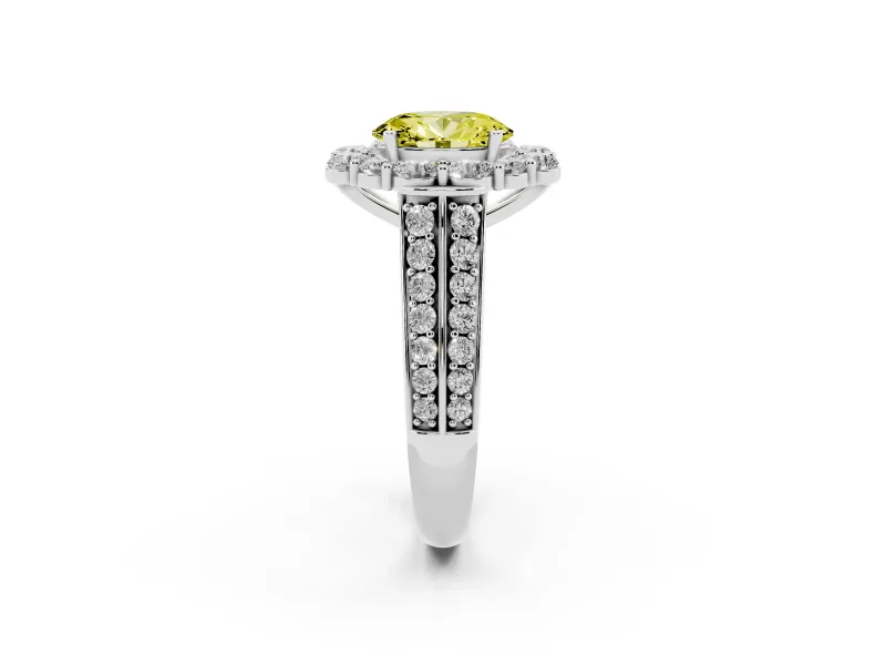Fancy Yellow Oval Cut Diamond Halo Engagement Ring Set in White gold with Split Shank and Prong Setting