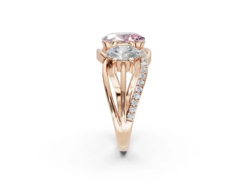 Oval Three Stone Split Shank Engagement Ring Setting for a Fancy Pink Lab-Grown Diamond | Matching Sides | Rose Gold