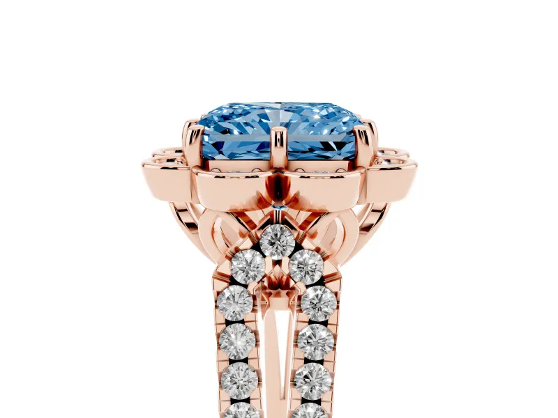Radiant Cut Floral Halo Engagement Ring Setting for a Fancy Blue Lab-Grown Diamond | Pavé Split Shank | Rose Gold