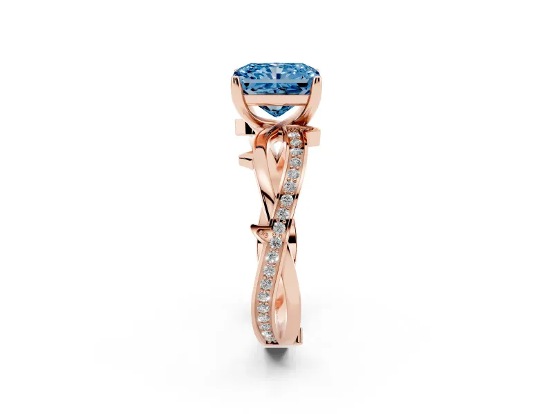 Fancy Blue Radiant Cut Diamond Pavé Twist Band Solitaire Ring Set in Rose gold with Prong Setting