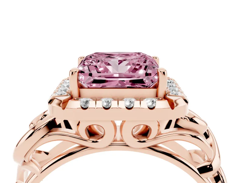 Fancy Pink Princess Cut Diamond Halo Ring Set in Rose gold with Scrollwork Band and Prong Setting