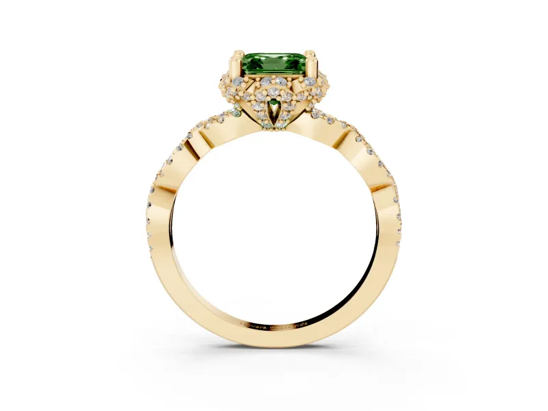 Fancy Green Asscher Cut Diamond Halo Twist Band Solitaire Ring Set in Yellow gold with Prong-Set Center Stone