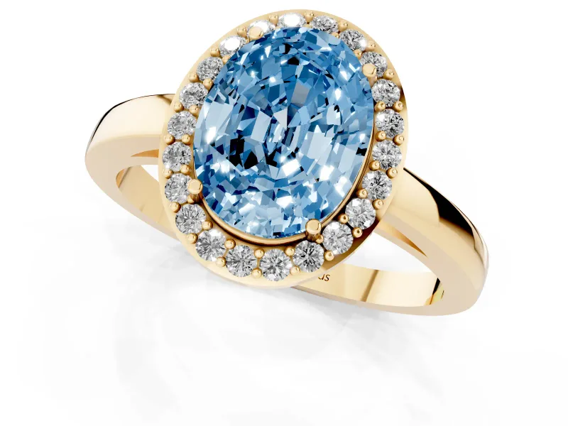 Fancy Blue Oval Cut Diamond Halo Ring Set in Yellow gold with Solitaire Band and Prong Setting