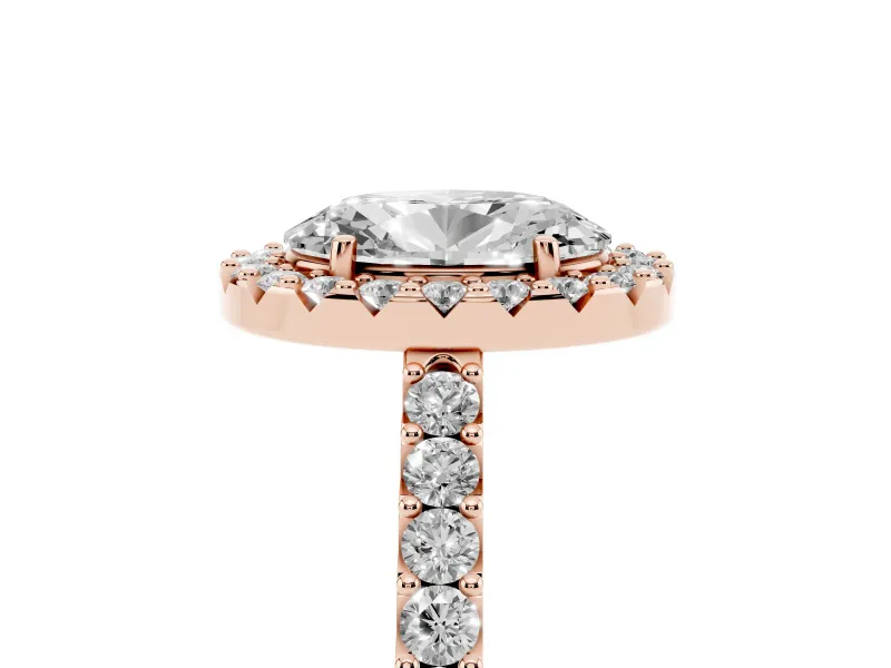 Oval Cut Diamond Halo Pavé Solitaire Ring Set in Rose gold with Prong-Set Center Stone