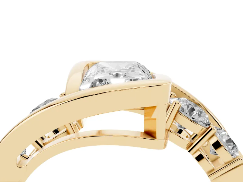 Radiant Cut Bezel Bypass Engagement Ring Setting | Round Side Stones | Yellow Gold