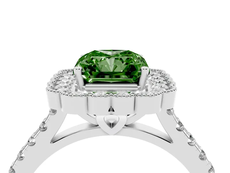 Radiant Cut Milgrain Floral Halo Engagement Ring Setting for a Fancy Green Lab-Grown Diamond | Pavé Band | White Gold