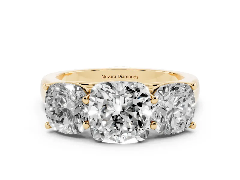 Cushion Cut Diamond Three-Stone Ring Set in Yellow gold with Plain Polished Band