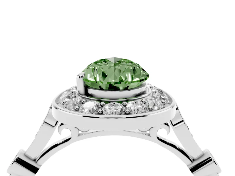 Fancy Green Pear Cut Diamond Halo Engagement Ring Set in Platinum with Twisted Band and Prong Setting