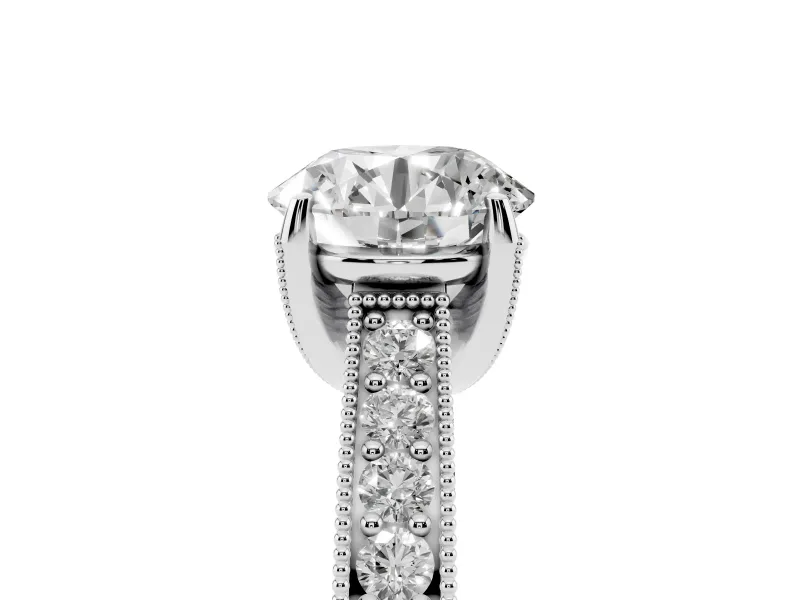 Round Vintage Hidden Halo Engagement Ring Setting | Milgrain Pave Band | Sterling Silver