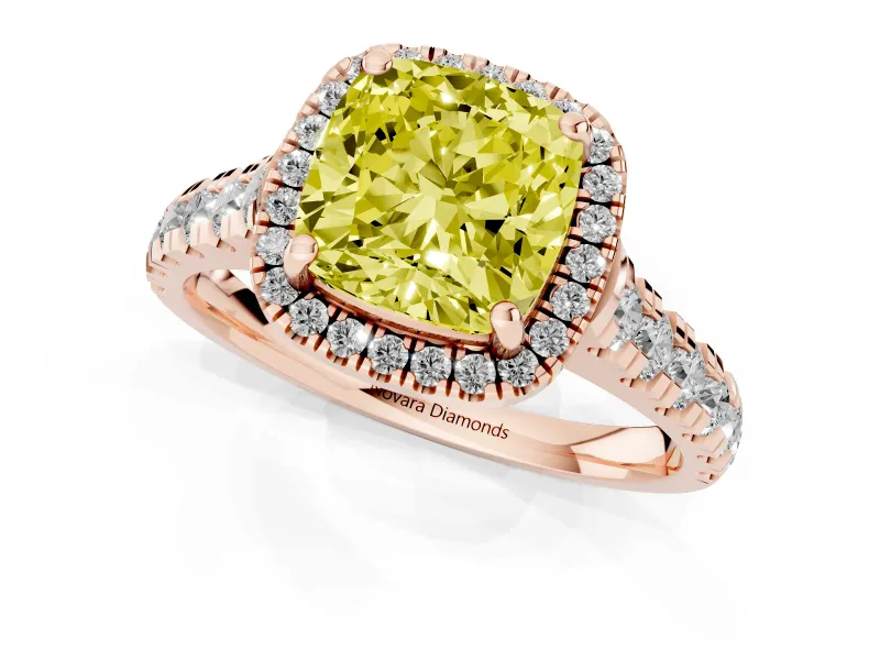 Cushion Cut Accented Halo Engagement Ring Setting for a Fancy Yellow Lab-Grown Diamond | Rose Gold